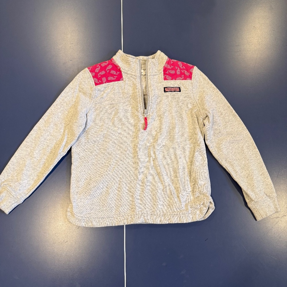 Size 10-12 Vineyard Vines Girls Quarter Zip Pullover Whale Print Pink and Grey